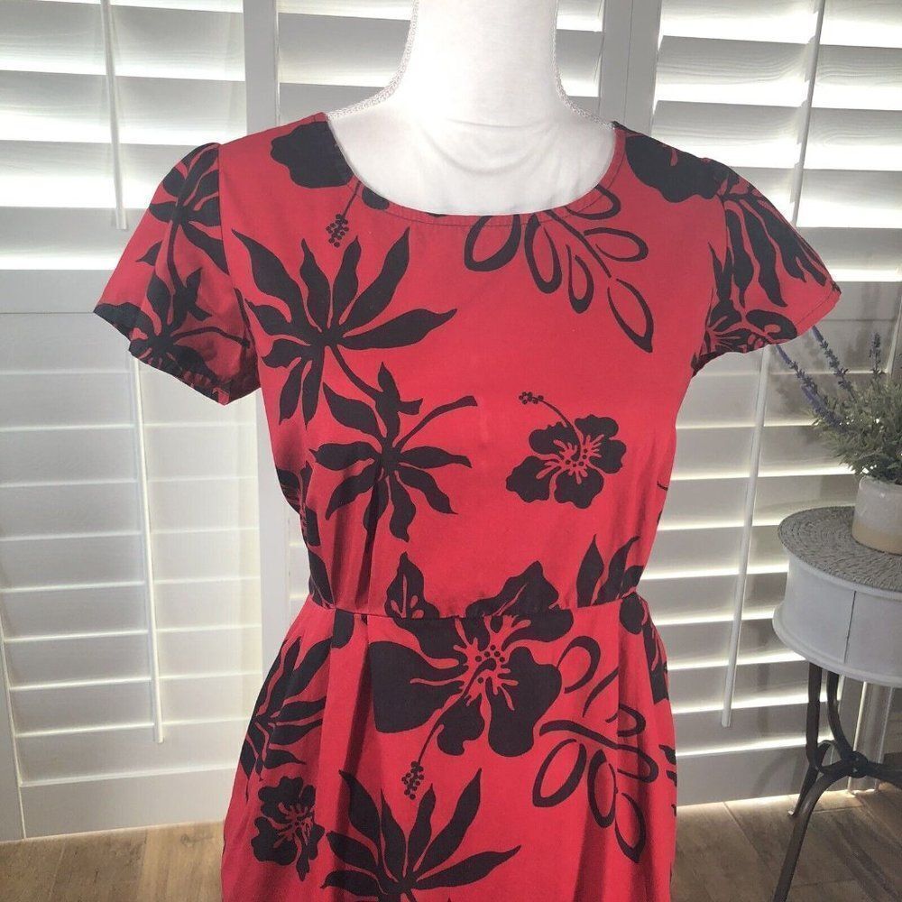 Vtg Red Black Floral Dress 100% Cotton M Pockets Scoop Neck Pleats 80s Pin Up